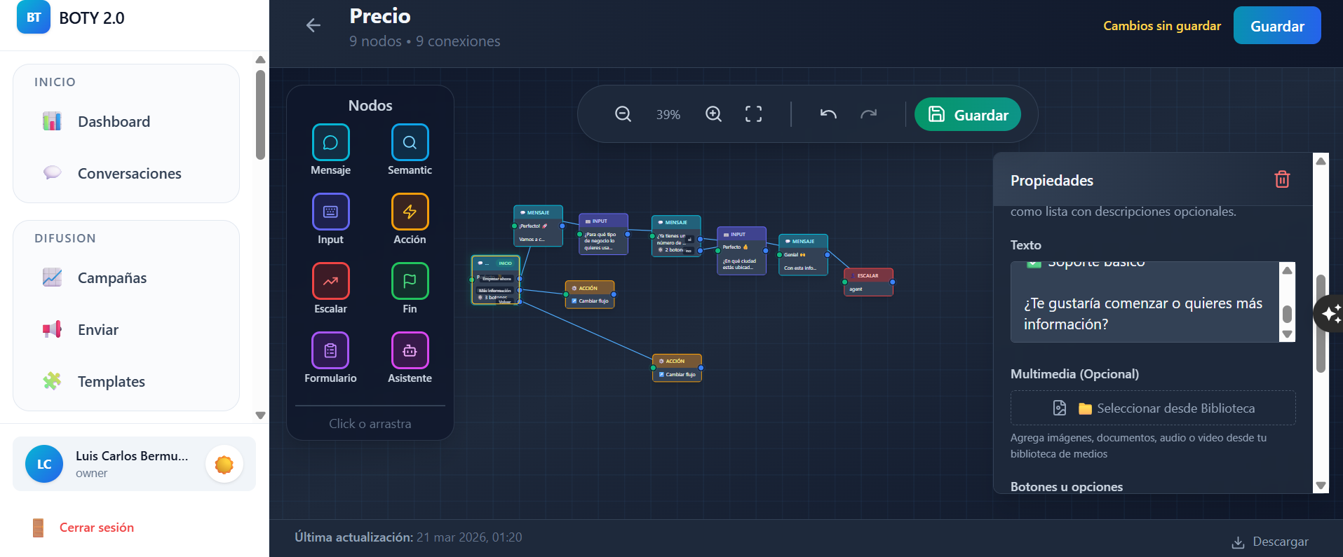 Editor visual de flujos de Boty Suite con nodos, conexiones, propiedades y acciones automáticas