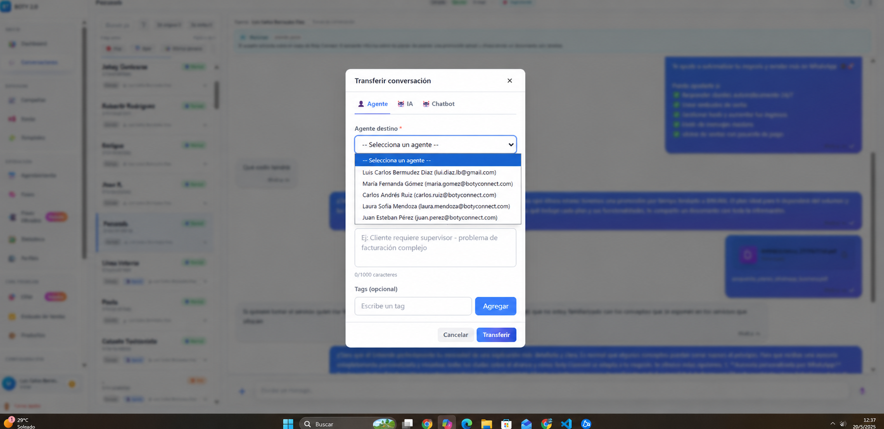 Modal de Boty para transferir una conversación a un agente, IA o chatbot