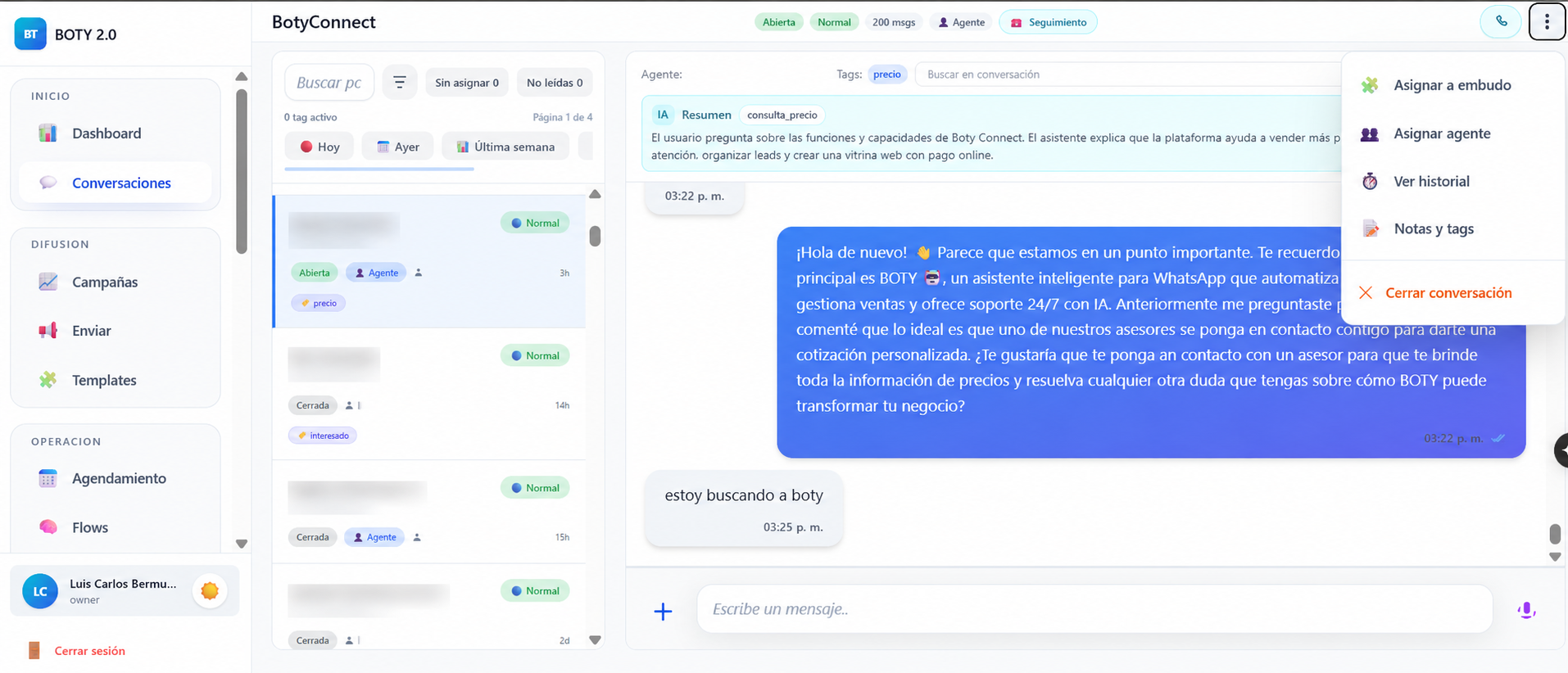 Bandeja de conversaciones de Boty con IA, etiquetas, CRM y acciones del equipo